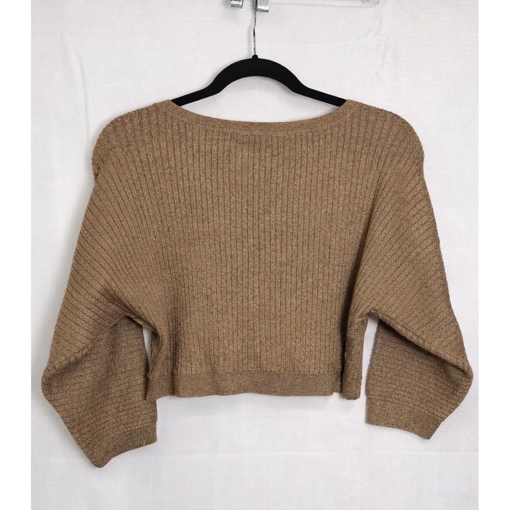 Gold Metallic Cropped Sweater Women Medium Chic Dressy Top BCBG - Picture 2 of 8